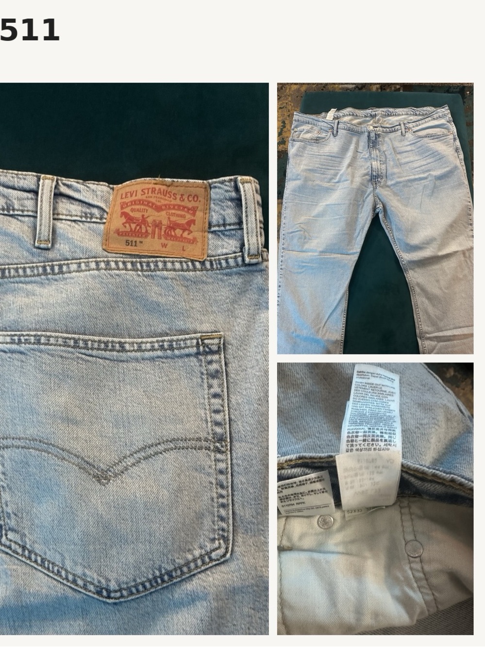 Levi's 511 Slim Fit Jeans Blue Waist 52 Inseam 32